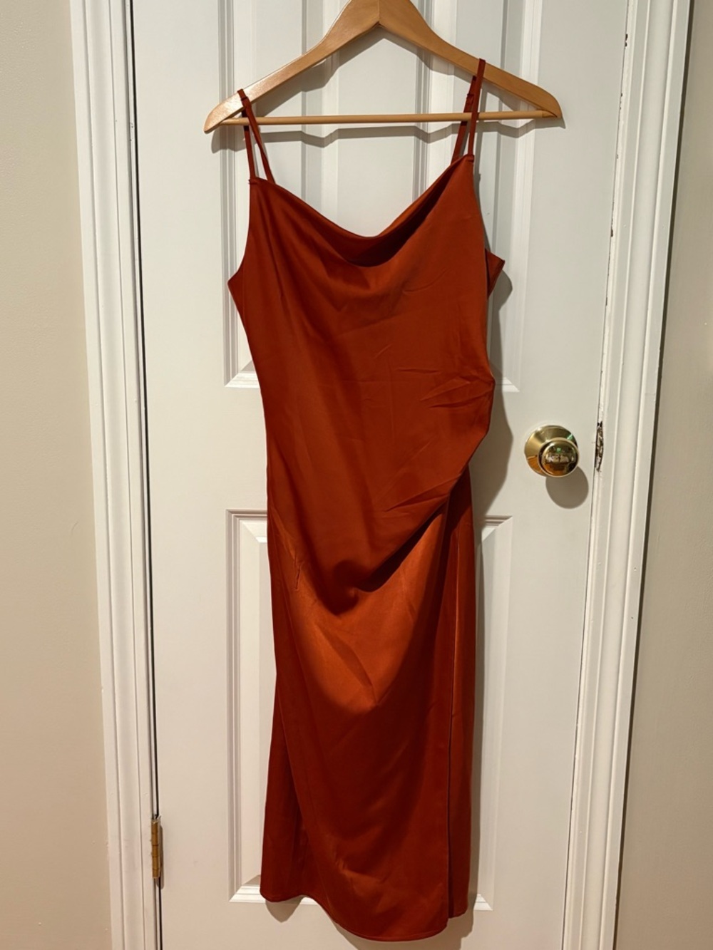 Lulu's Rust Slip Midi Dress with Cowl Neck